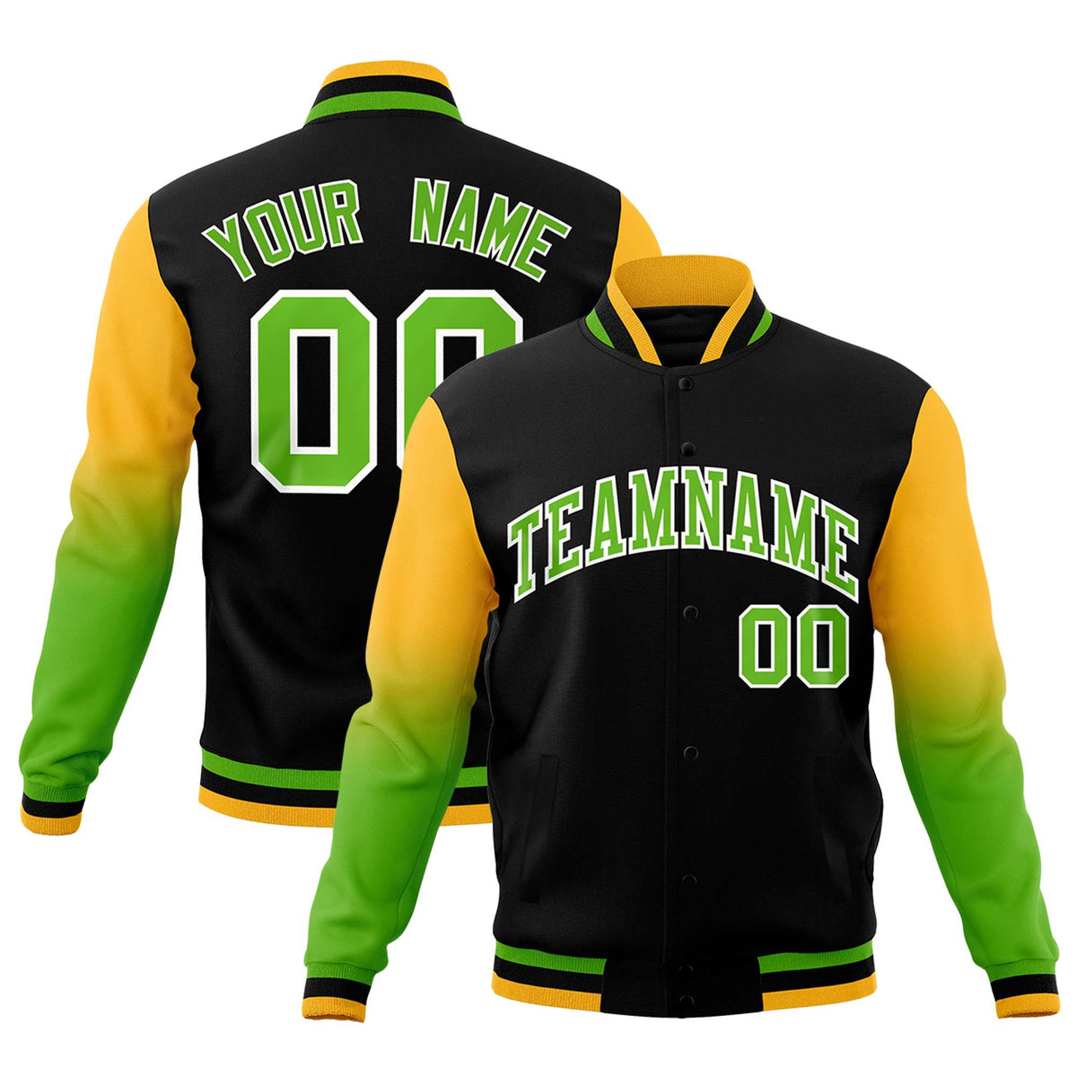 Custom Black Green White Full-Snap Varsity Raglan Sleeves Gradient Letterman Jacket