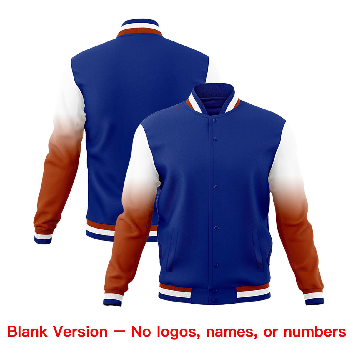 Custom Royal Blue Dark Orange White Full-Snap Varsity Raglan Sleeves Gradient Letterman Jacket