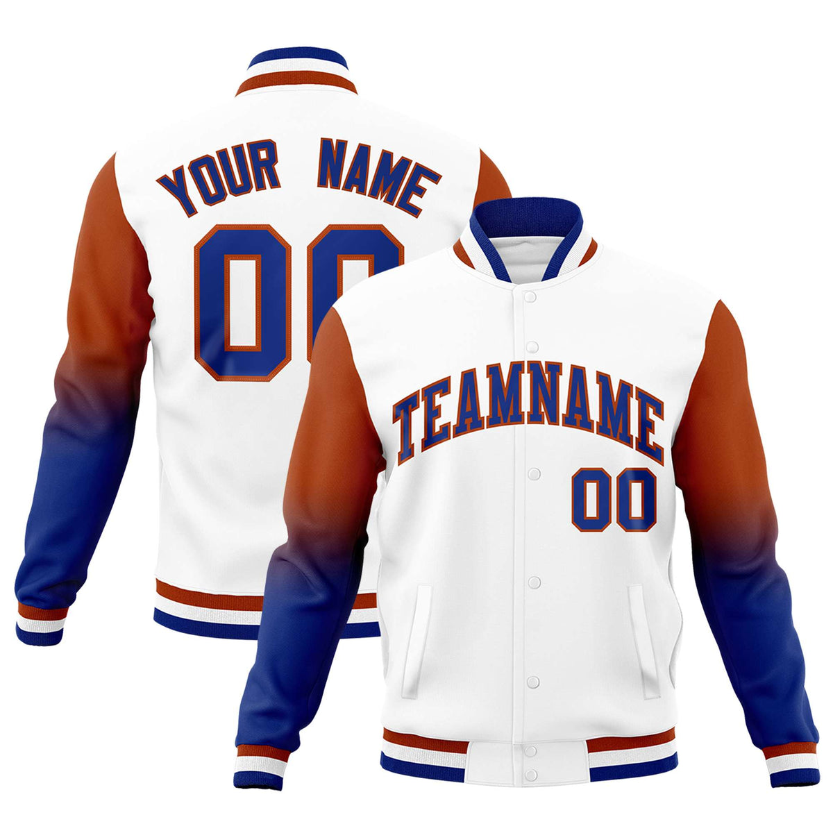 Custom White Royal Blue Dark Orange Full-Snap Varsity Raglan Sleeves Gradient Letterman Jacket