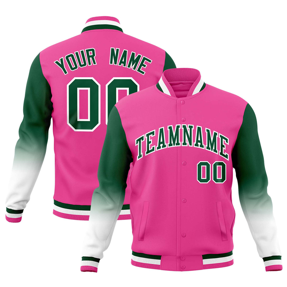 Custom Pink Green White Full-Snap Varsity Raglan Sleeves Gradient Letterman Jacket