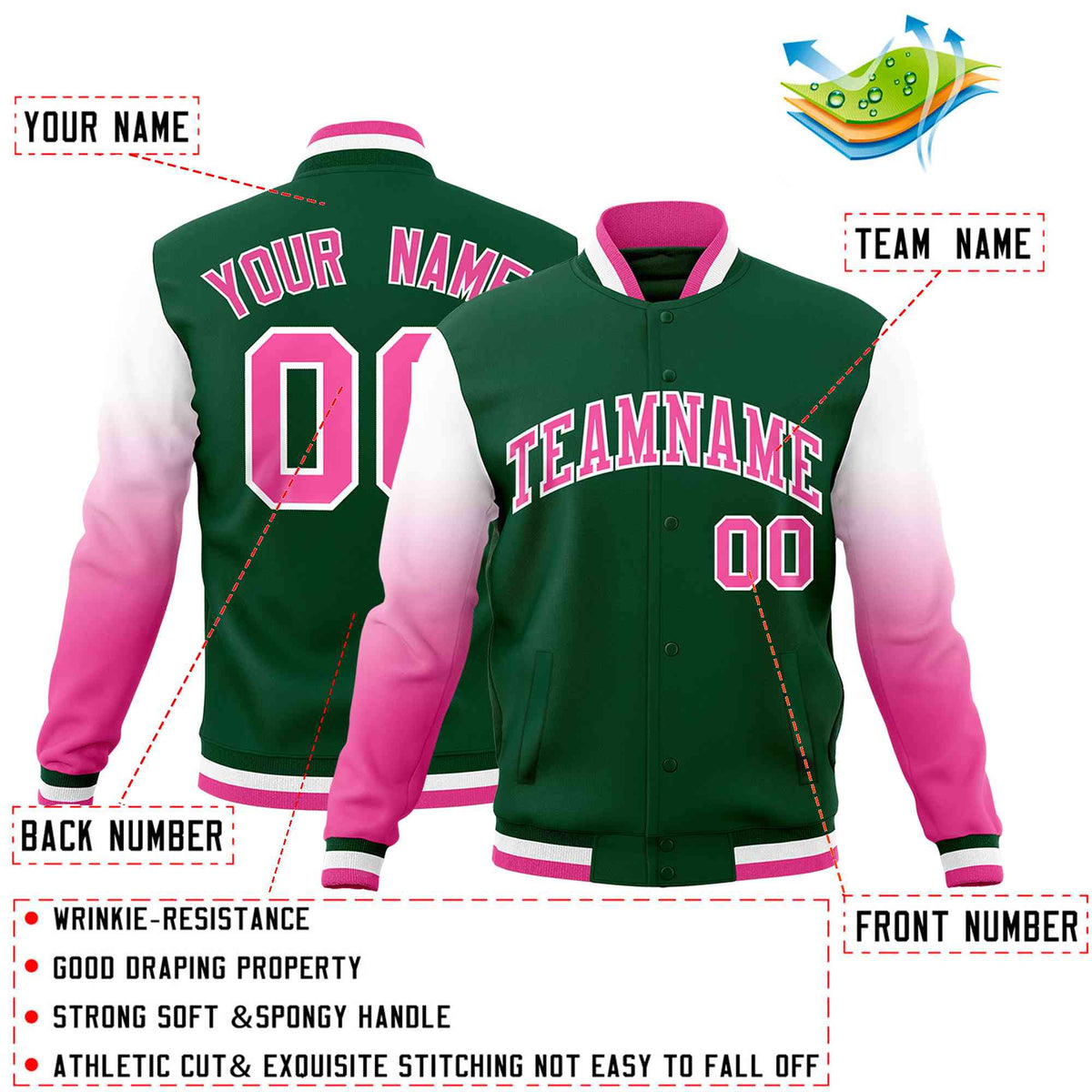 Custom Green Pink White Full-Snap Varsity Raglan Sleeves Gradient Letterman Jacket