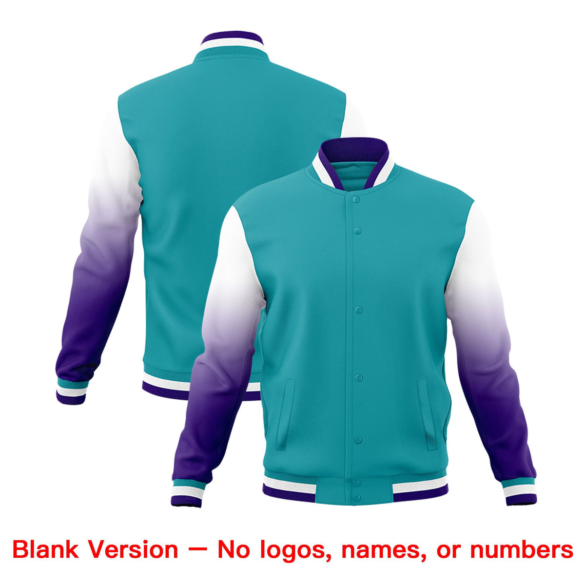 Custom Aqua Purple White Full-Snap Varsity Raglan Sleeves Gradient Letterman Jacket