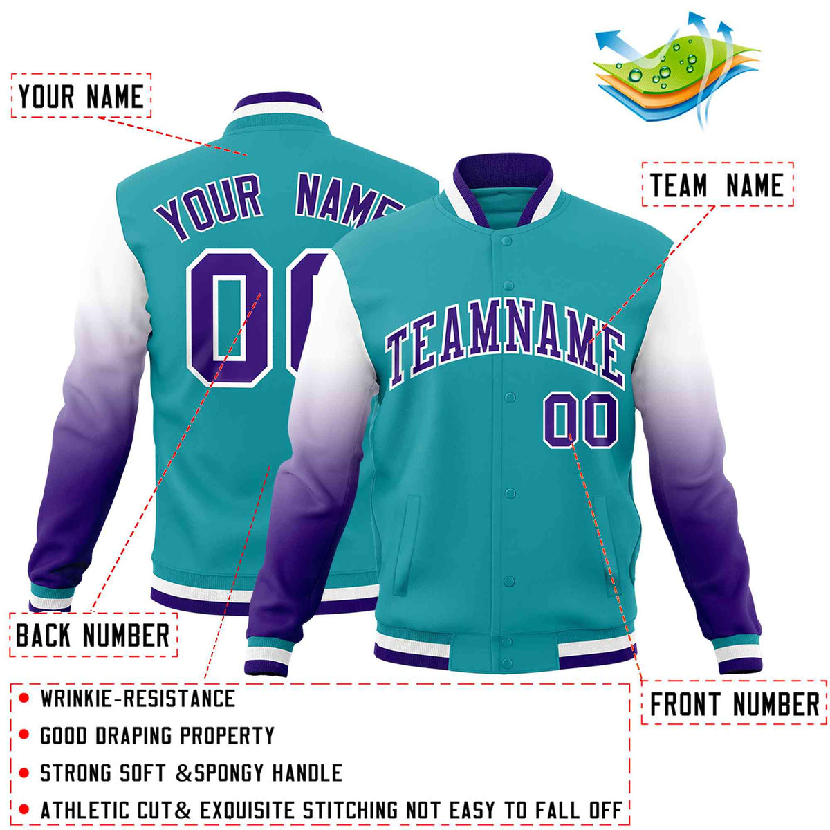 Custom Aqua Purple White Full-Snap Varsity Raglan Sleeves Gradient Letterman Jacket