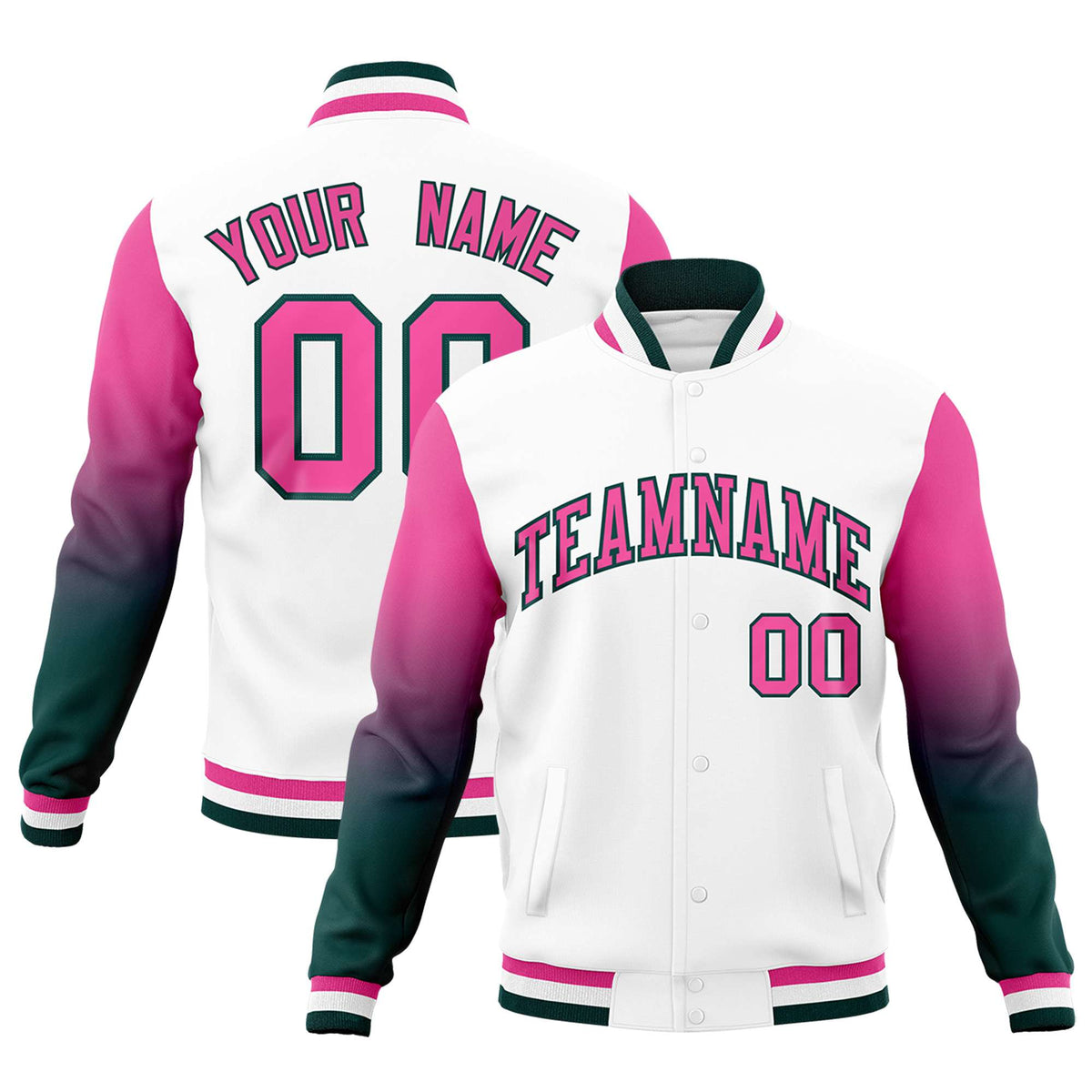 Custom White Pink Midnight Green Full-Snap Varsity Raglan Sleeves Gradient Letterman Jacket