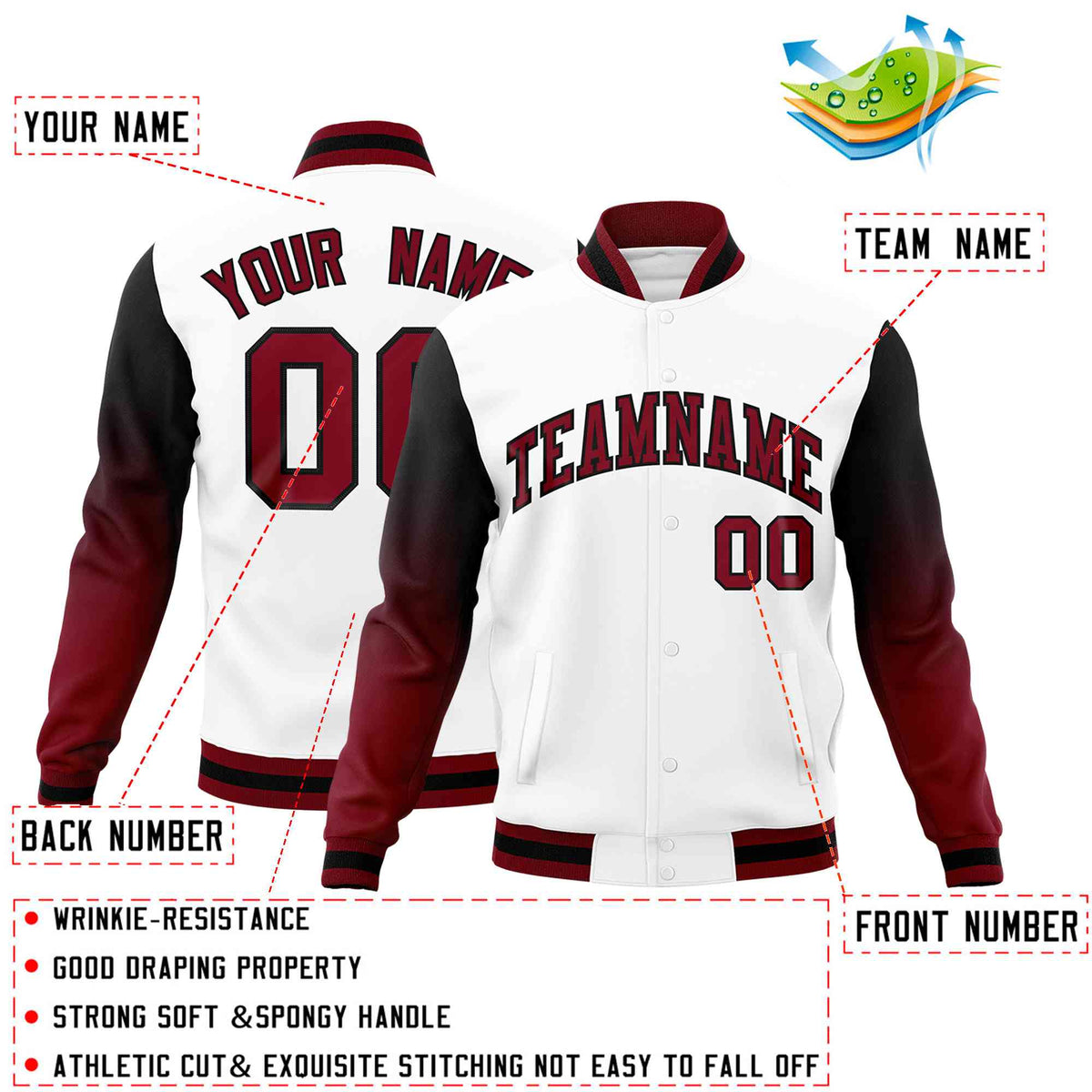 Custom White Crimson Black Full-Snap Varsity Raglan Sleeves Gradient Letterman Jacket