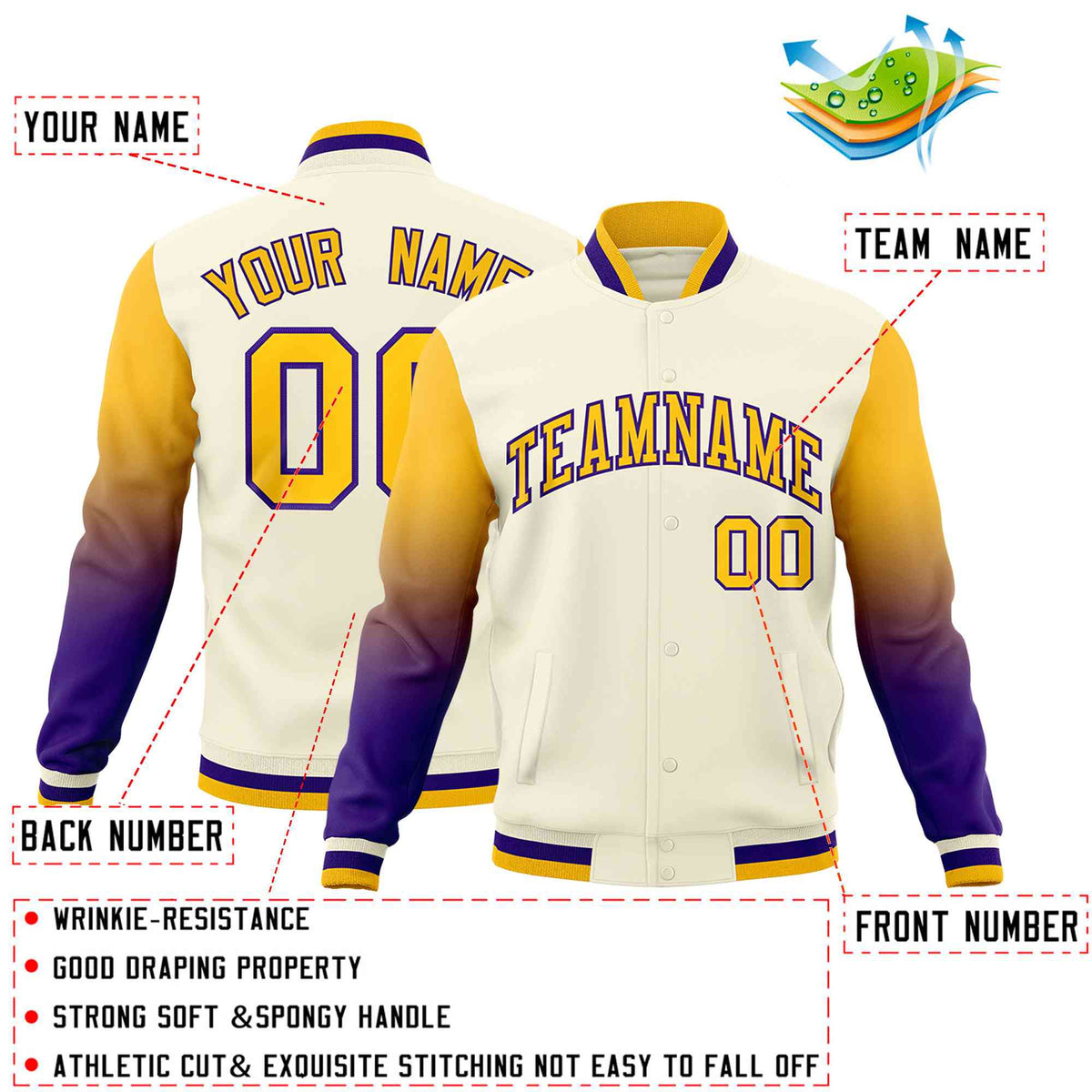 Custom Cream Gold Purple Full-Snap Varsity Raglan Sleeves Gradient Letterman Jacket