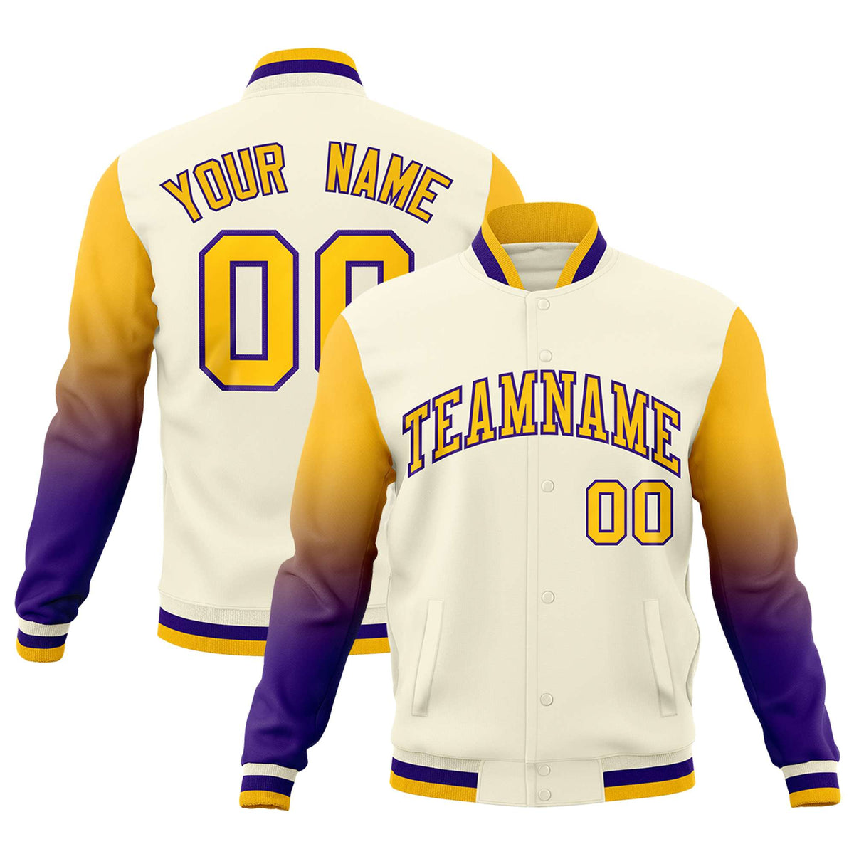 Custom Cream Gold Purple Full-Snap Varsity Raglan Sleeves Gradient Letterman Jacket