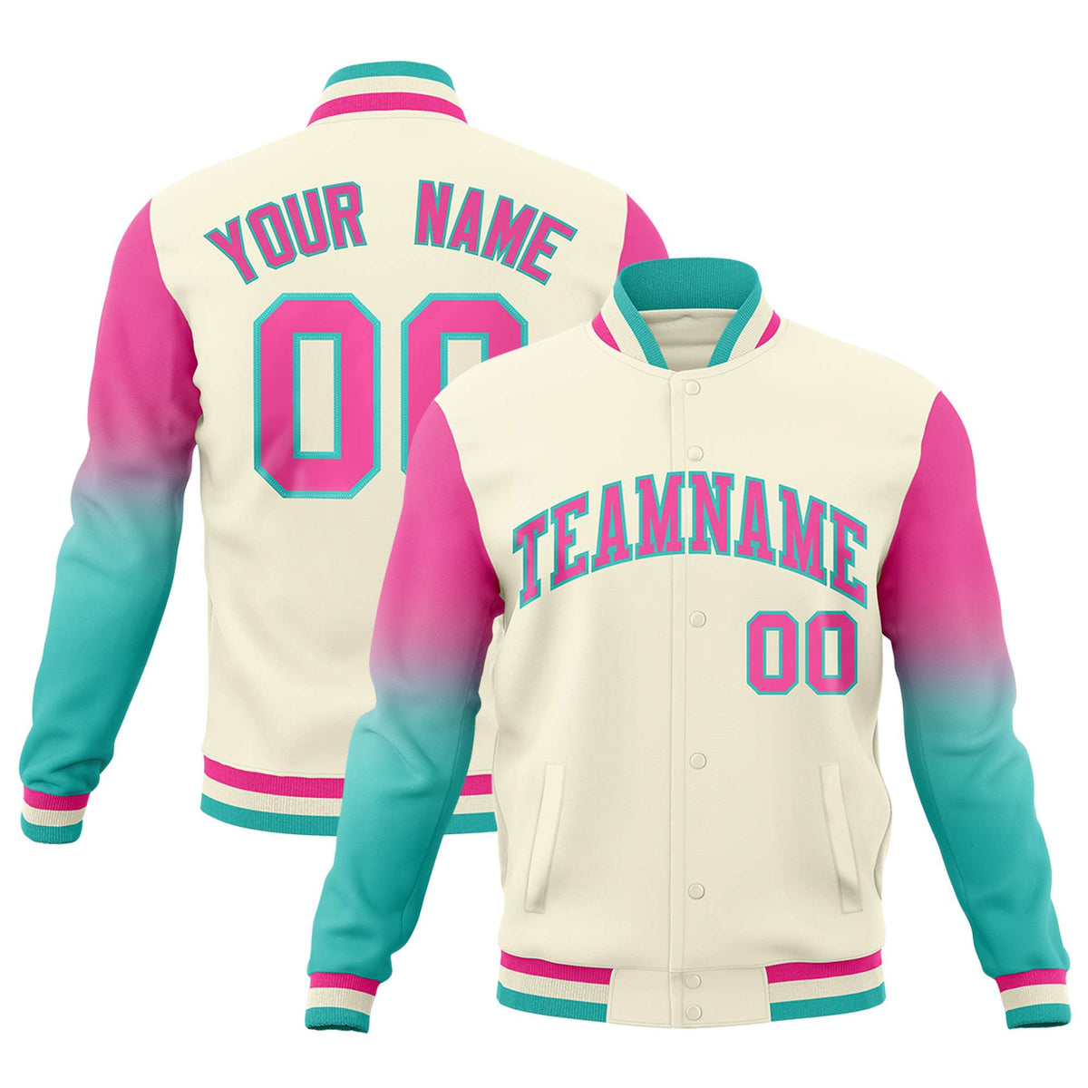 Custom Cream Pink Bright Green Full-Snap Varsity Raglan Sleeves Gradient Letterman Jacket