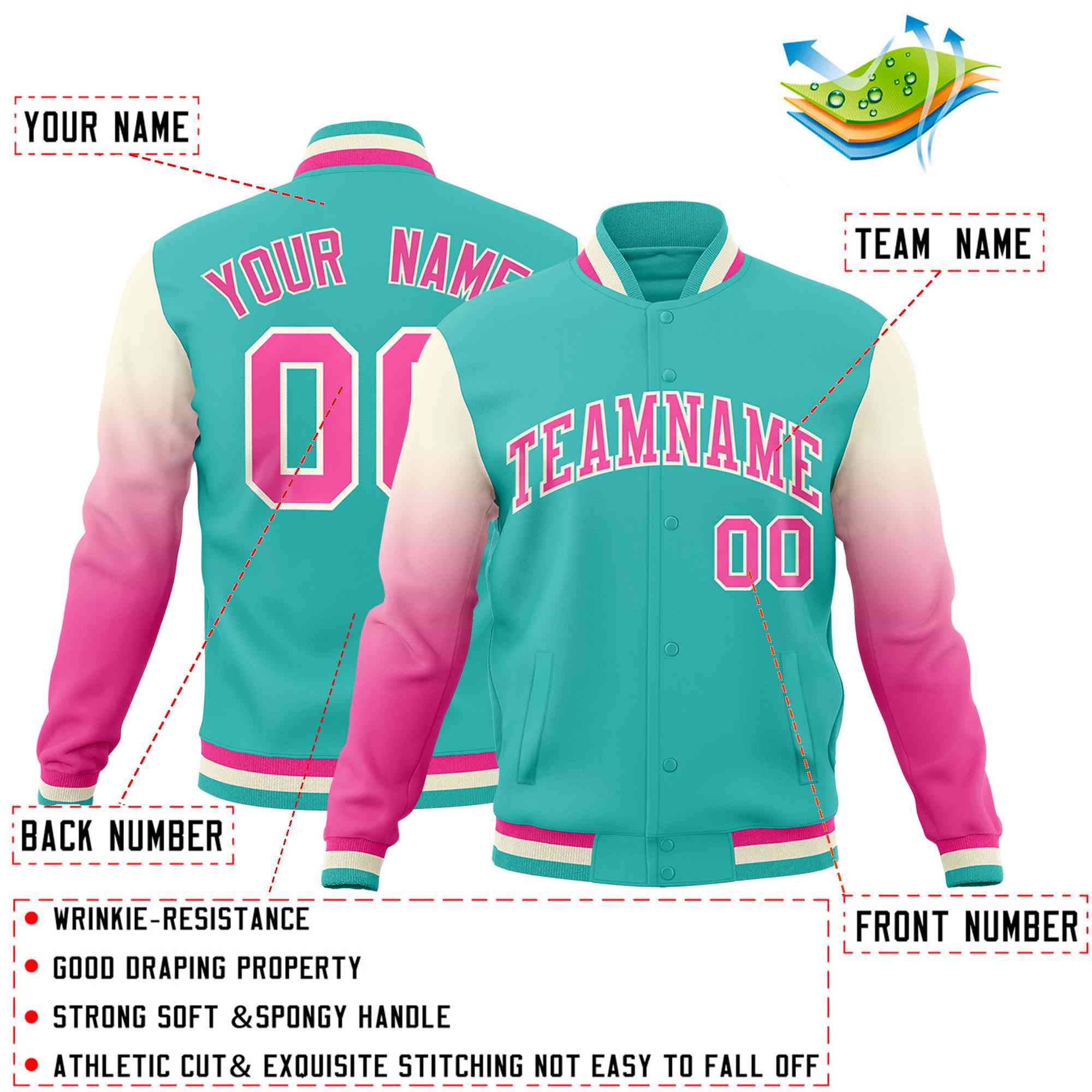 Custom Bright Green Pink Cream Full-Snap Varsity Raglan Sleeves Gradient Letterman Jacket