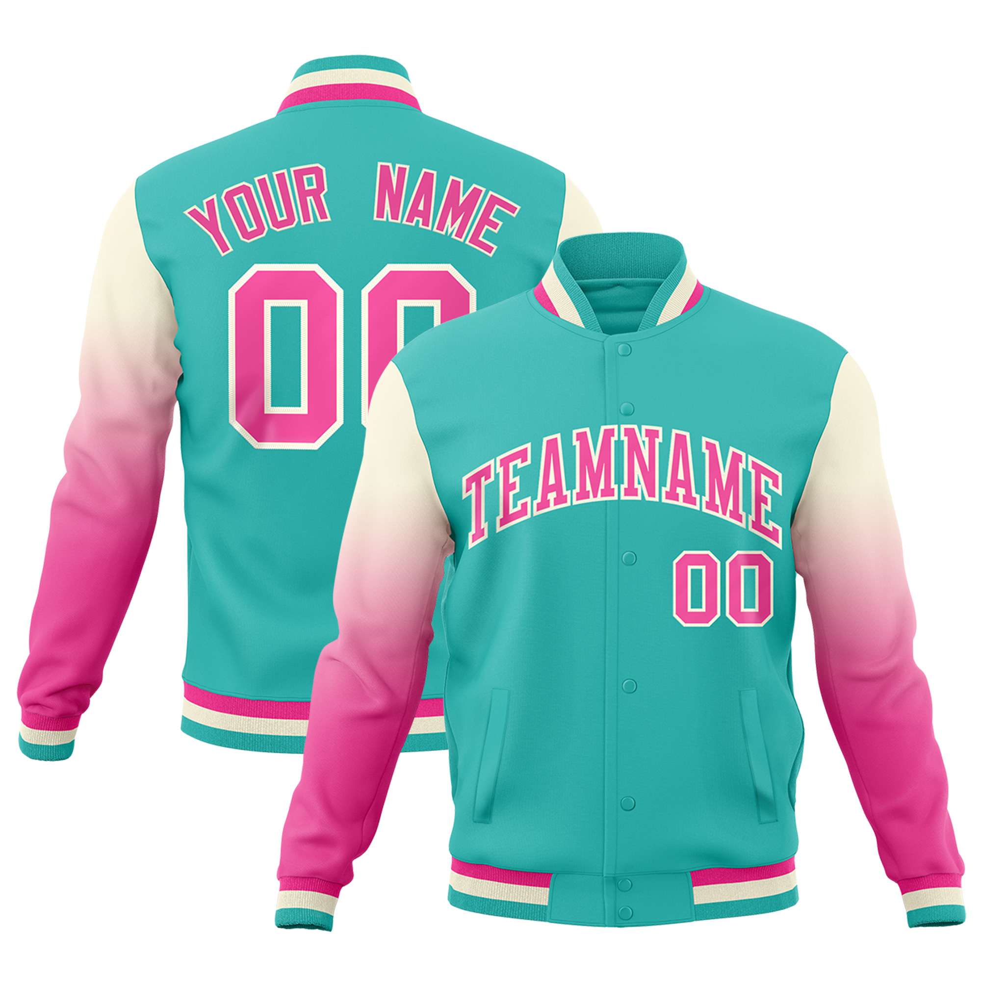 Custom Bright Green Pink Cream Full-Snap Varsity Raglan Sleeves Gradient Letterman Jacket