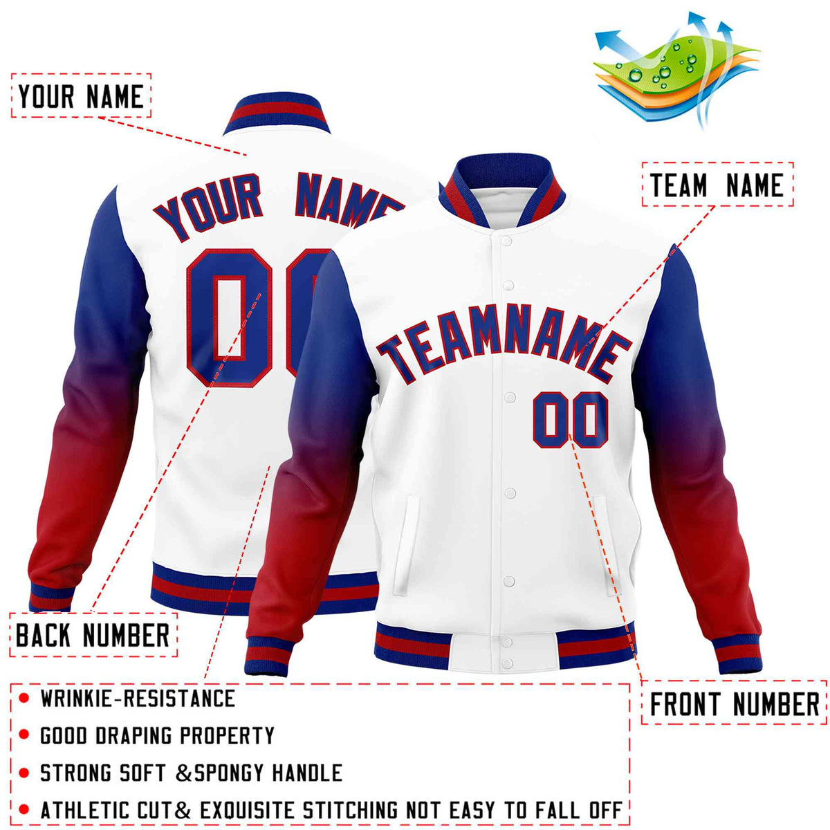 Custom White Royal Blue Red Full-Snap Varsity Raglan Sleeves Gradient Letterman Jacket
