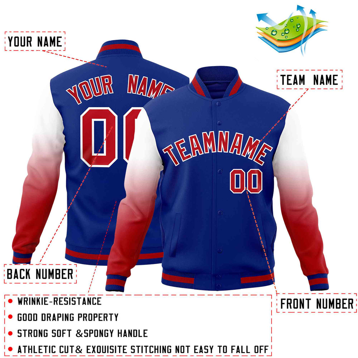 Custom Royal Blue White Red Full-Snap Varsity Raglan Sleeves Gradient Letterman Jacket