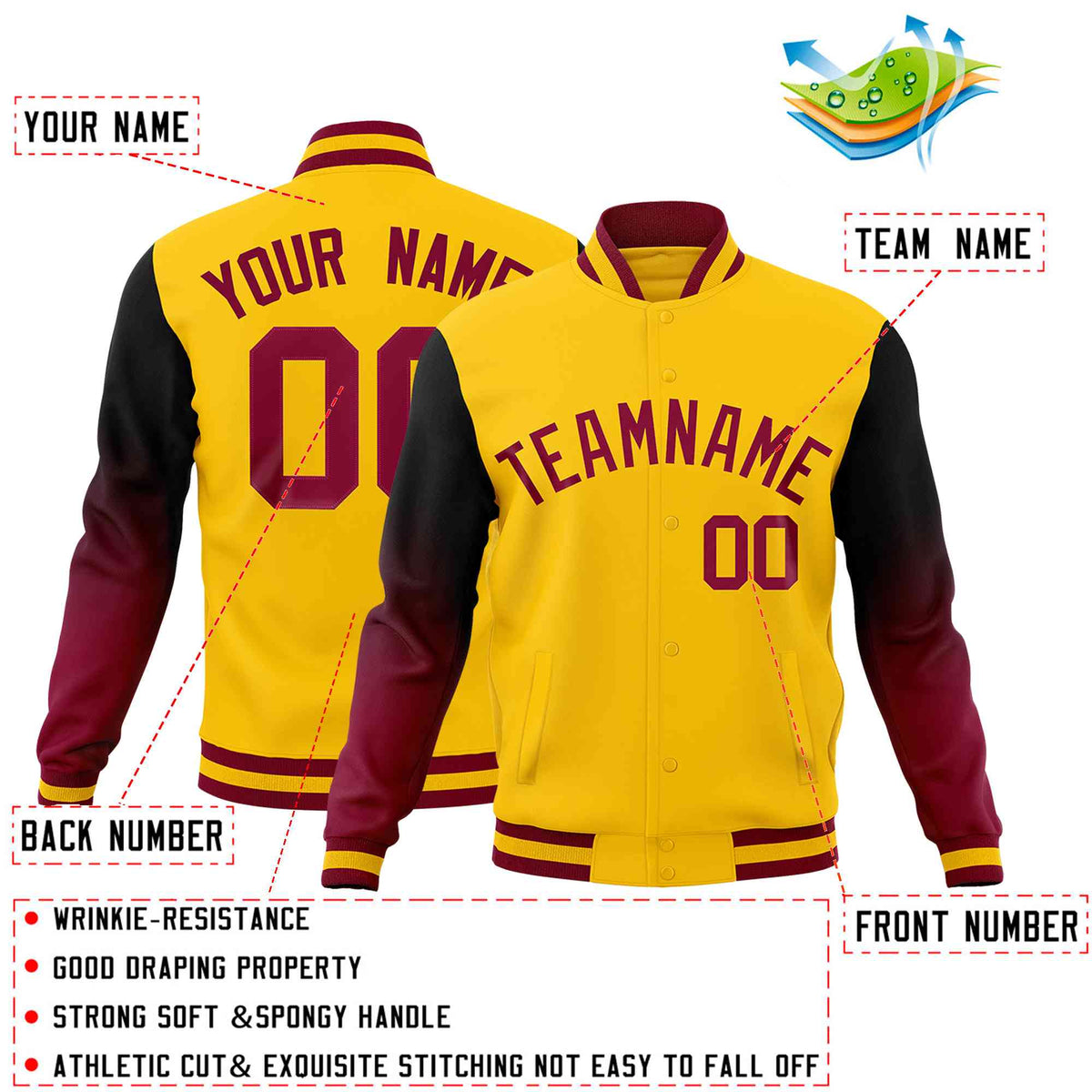 Custom Gold Black Crimson Full-Snap Varsity Raglan Sleeves Gradient Letterman Jacket