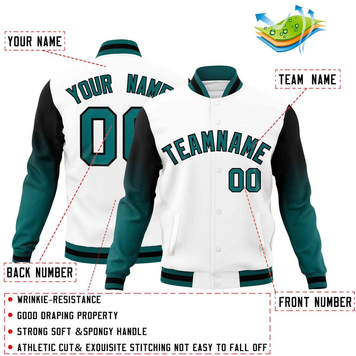 Custom White Teal Black Full-Snap Varsity Raglan Sleeves Gradient Letterman Jacket