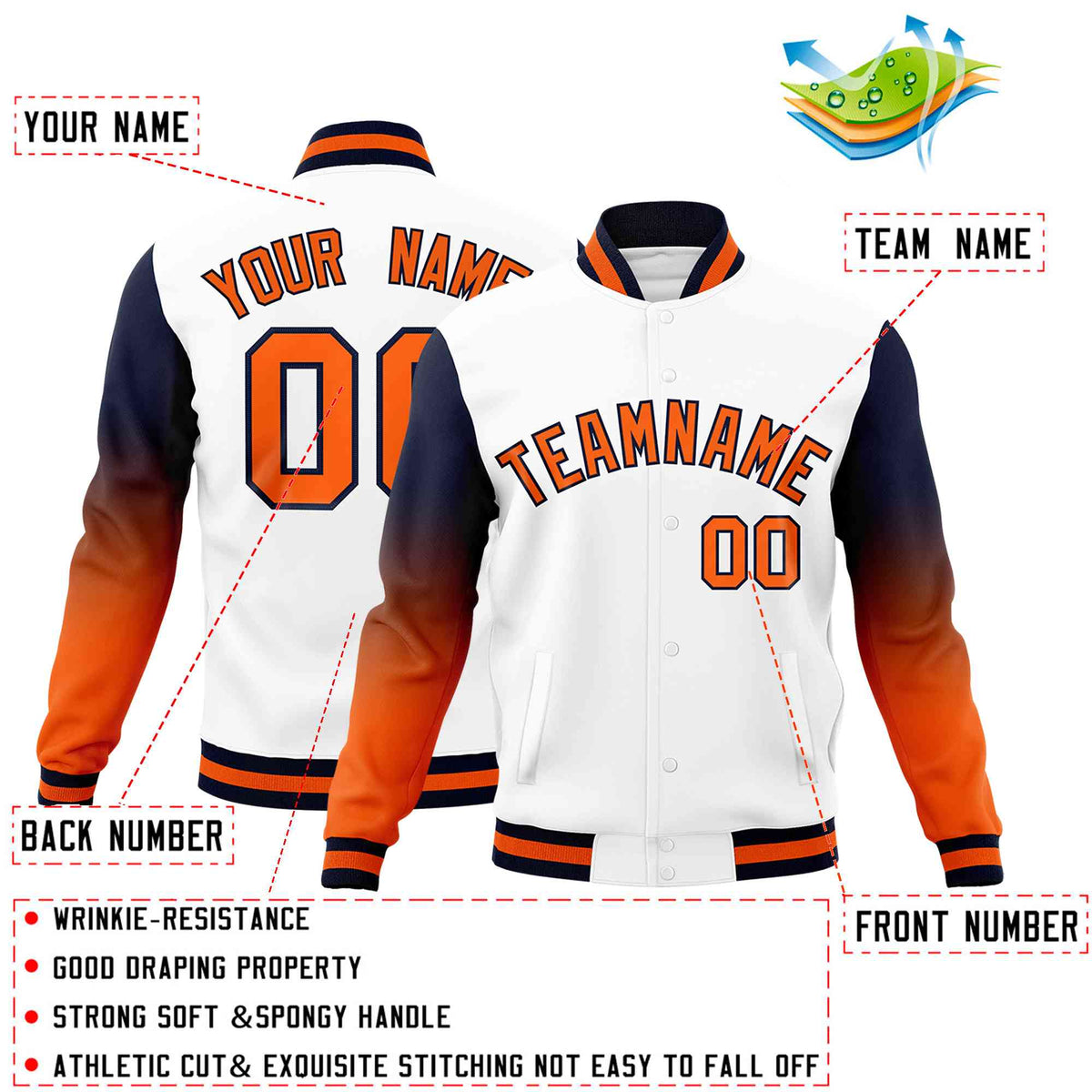 Custom White Orange Navy Full-Snap Varsity Raglan Sleeves Gradient Letterman Jacket