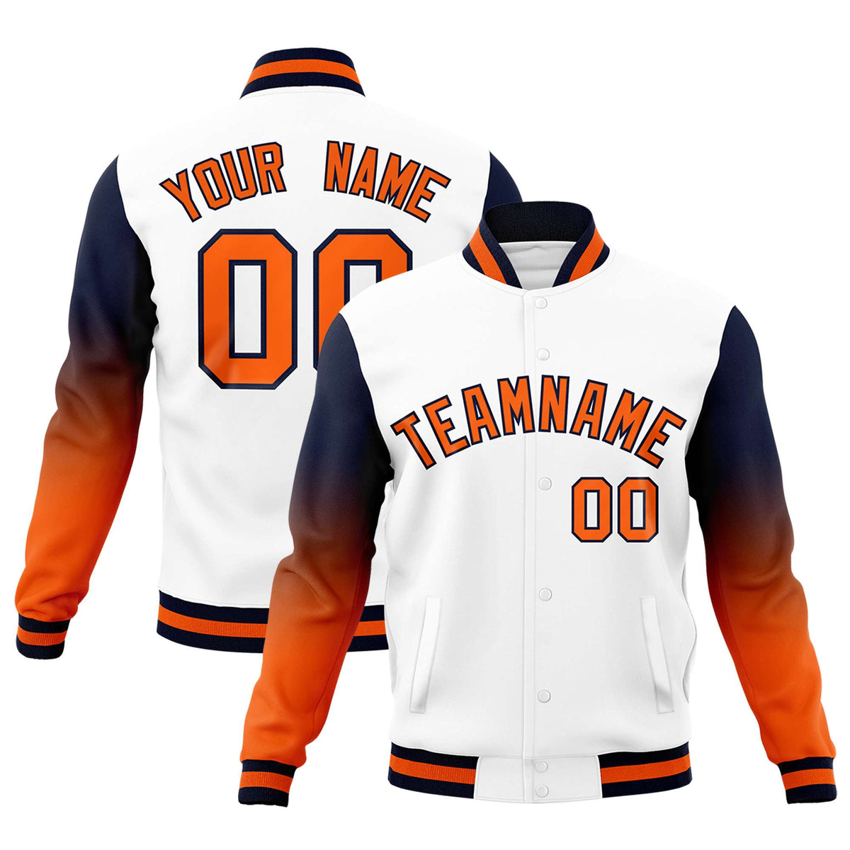 Custom White Orange Navy Full-Snap Varsity Raglan Sleeves Gradient Letterman Jacket