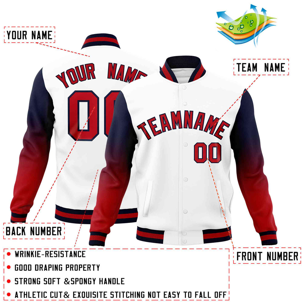 Custom White Red Black Full-Snap Varsity Raglan Sleeves Gradient Letterman Jacket