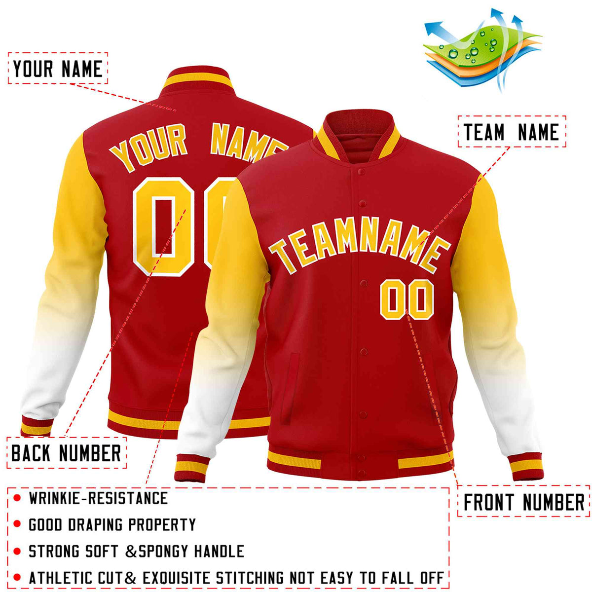 Custom Red Gold White Full-Snap Varsity Raglan Sleeves Gradient Letterman Jacket