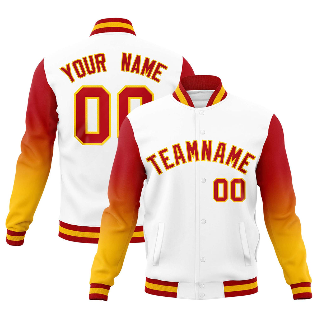 Custom White Red Gold Full-Snap Varsity Raglan Sleeves Gradient Letterman Jacket