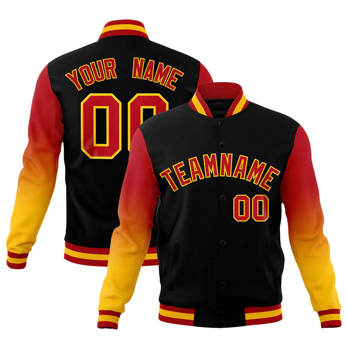 Custom Black Red Gold Full-Snap Varsity Raglan Sleeves Gradient Letterman Jacket