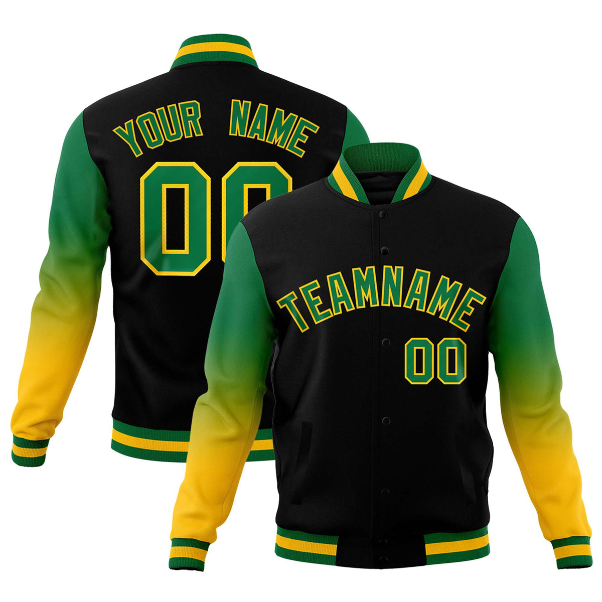 Custom Black Kelly Green Gold Full-Snap Varsity Raglan Sleeves Gradient Letterman Jacket