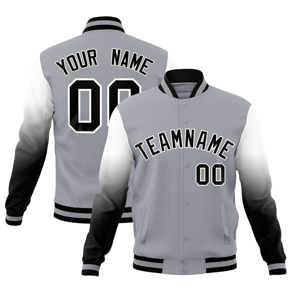 Custom Gray Black White Full-Snap Varsity Raglan Sleeves Gradient Letterman Jacket