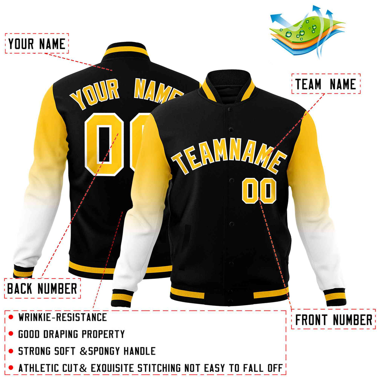 Custom Black Gold White Full-Snap Varsity Raglan Sleeves Gradient Letterman Jacket