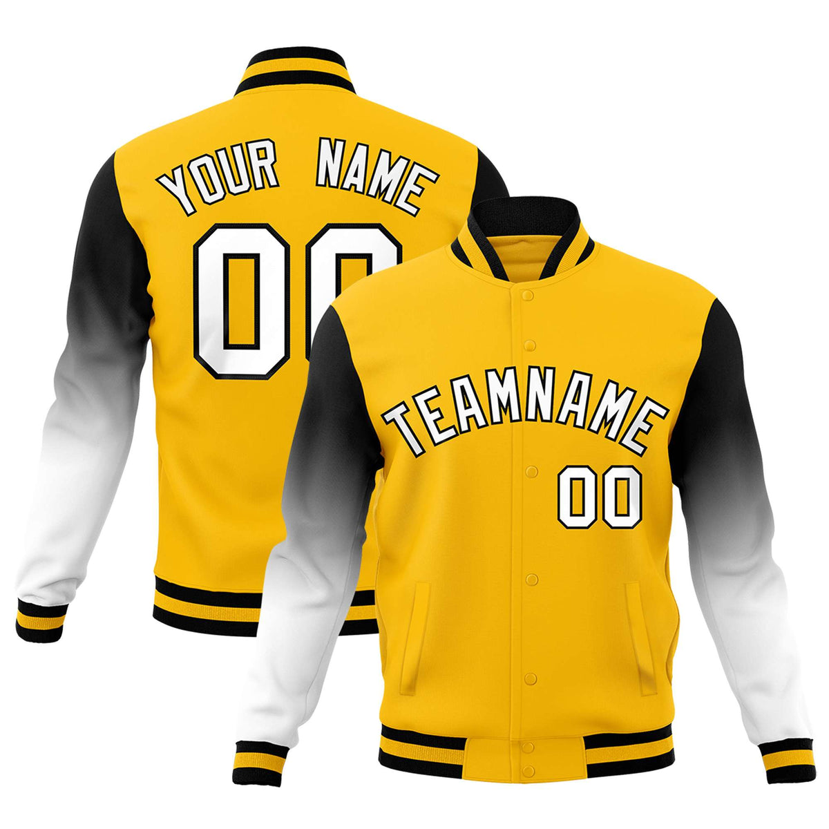 Custom Gold White Black Full-Snap Varsity Raglan Sleeves Gradient Letterman Jacket