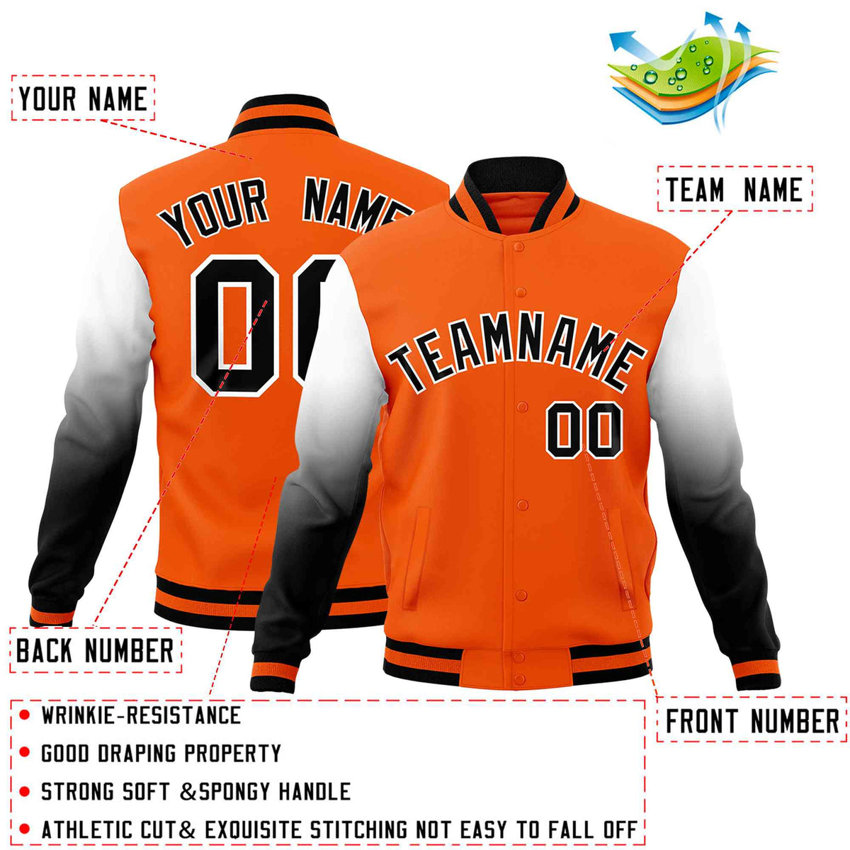 Custom Orange Black White Full-Snap Varsity Raglan Sleeves Gradient Letterman Jacket