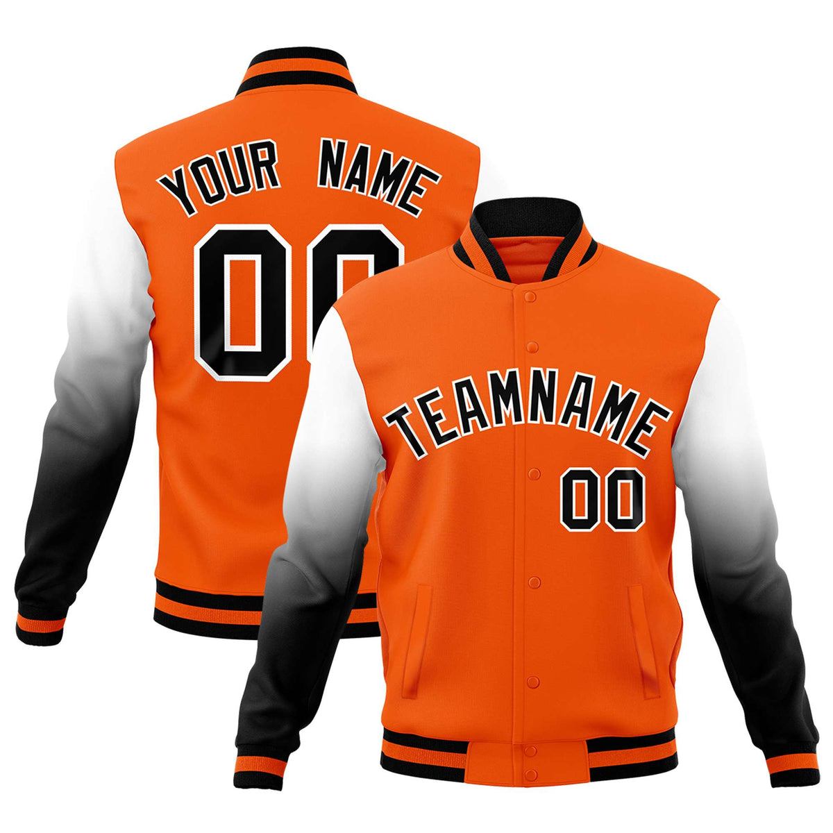 Custom Orange Black White Full-Snap Varsity Raglan Sleeves Gradient Letterman Jacket