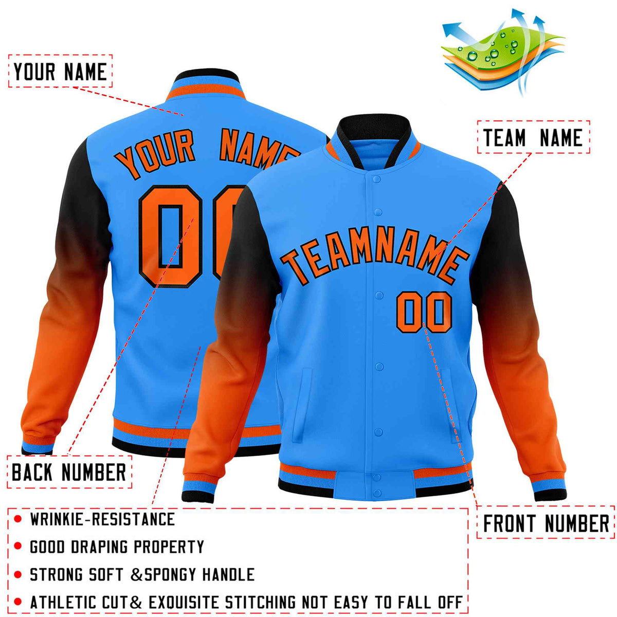 Custom Powder Blue Orange Black Full-Snap Varsity Raglan Sleeves Gradient Letterman Jacket