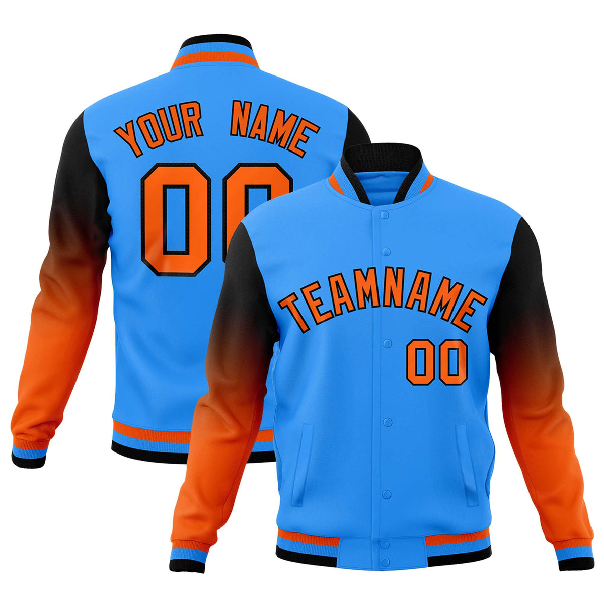Custom Powder Blue Orange Black Full-Snap Varsity Raglan Sleeves Gradient Letterman Jacket