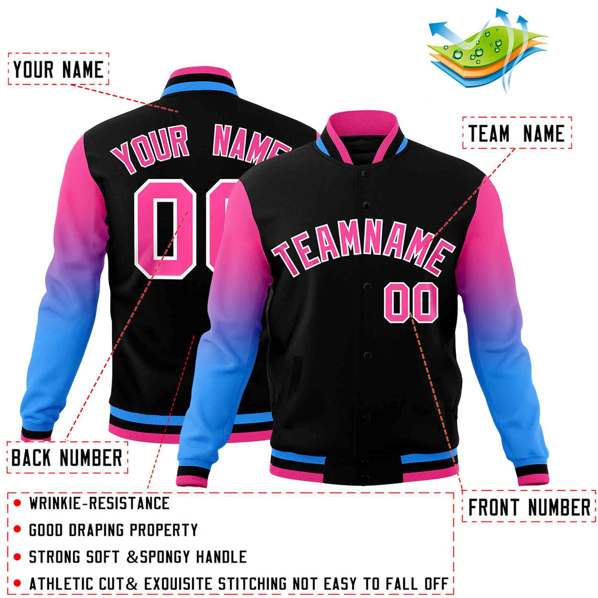 Custom Black Pink White Full-Snap Varsity Raglan Sleeves Gradient Letterman Jacket