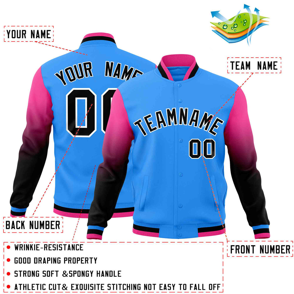 Custom Powder Blue Black White Full-Snap Varsity Raglan Sleeves Gradient Letterman Jacket