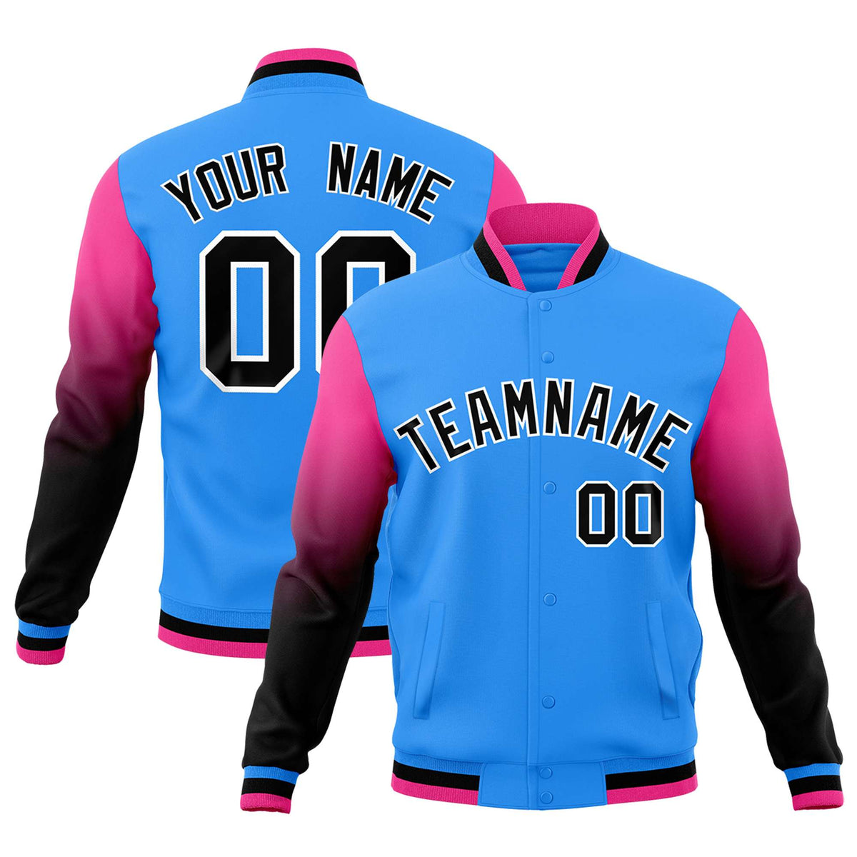 Custom Powder Blue Black White Full-Snap Varsity Raglan Sleeves Gradient Letterman Jacket