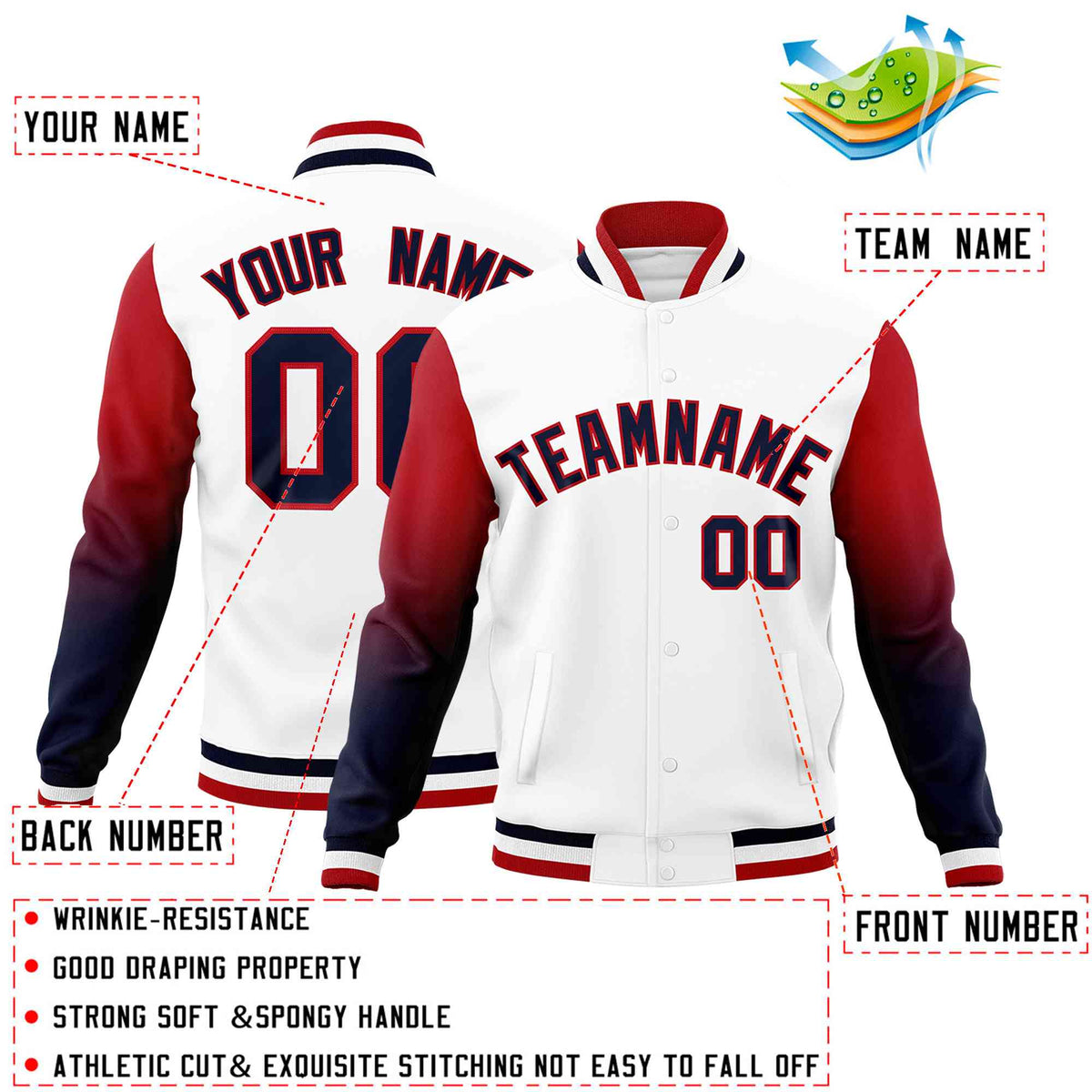 Custom White Navy Red Full-Snap Varsity Raglan Sleeves Gradient Letterman Jacket
