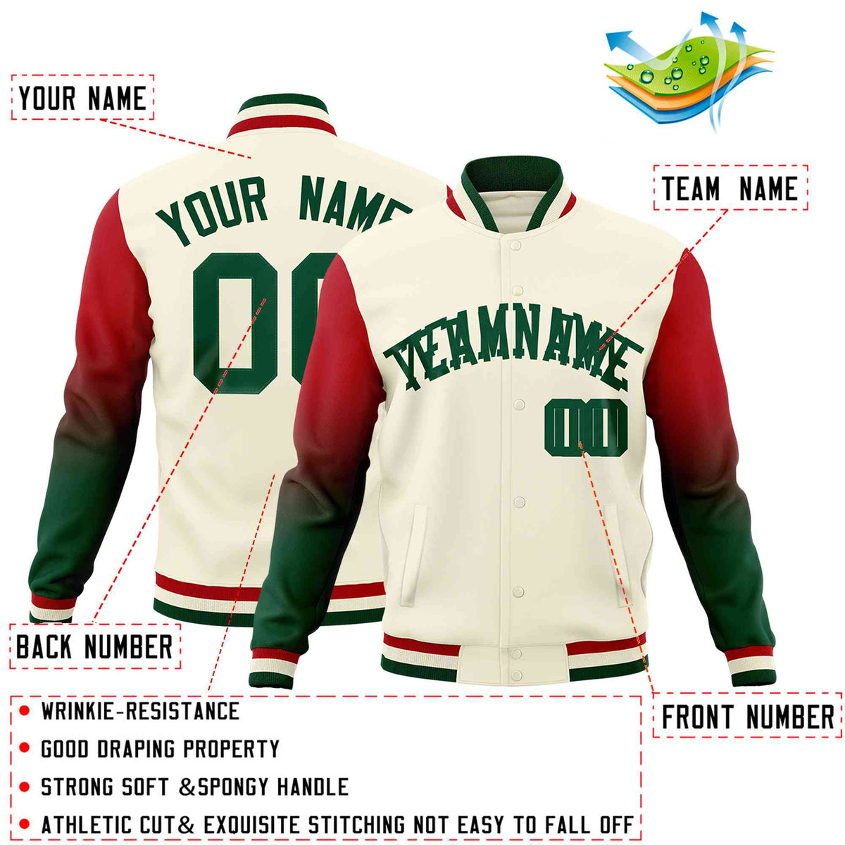 Custom Cream Green Red Full-Snap Varsity Raglan Sleeves Gradient Letterman Jacket