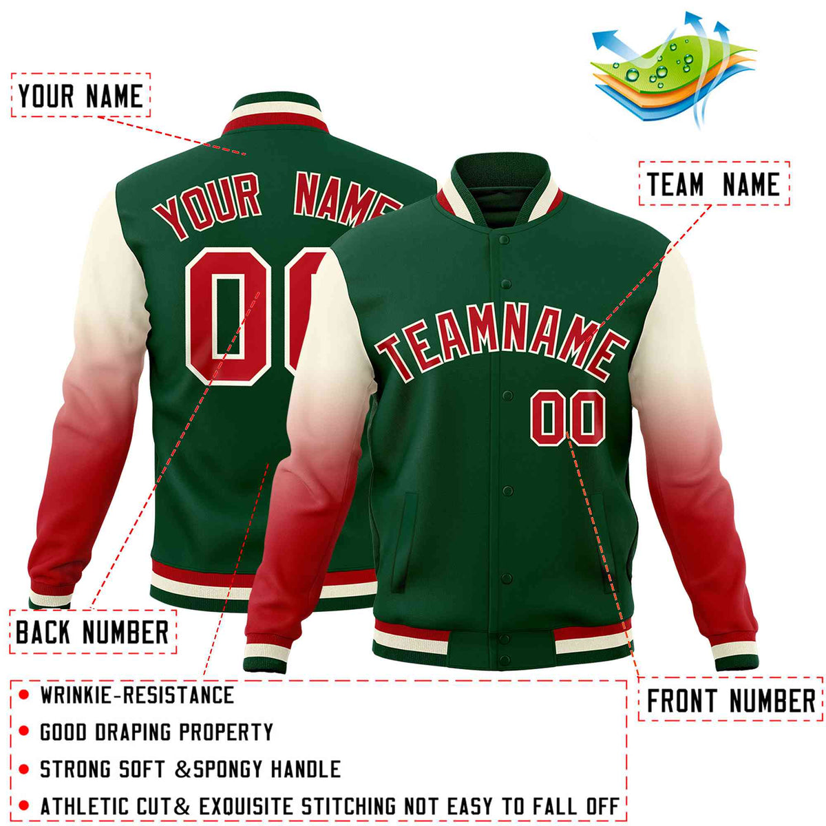 Custom Green Red Cream Full-Snap Varsity Raglan Sleeves Gradient Letterman Jacket