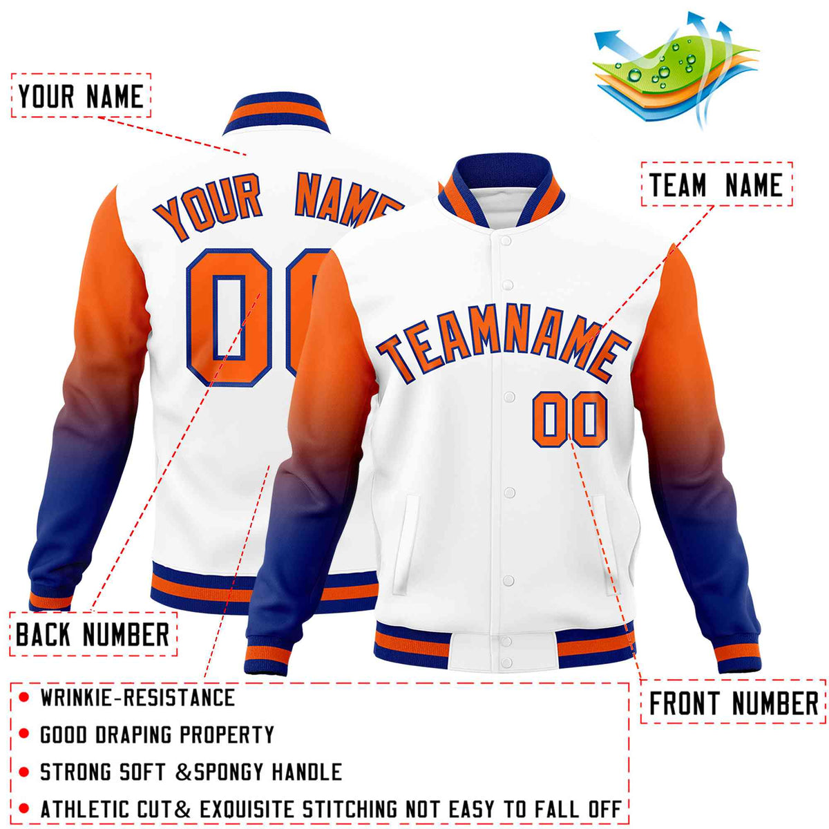 Custom White Orange Royal Blue Full-Snap Varsity Raglan Sleeves Gradient Letterman Jacket