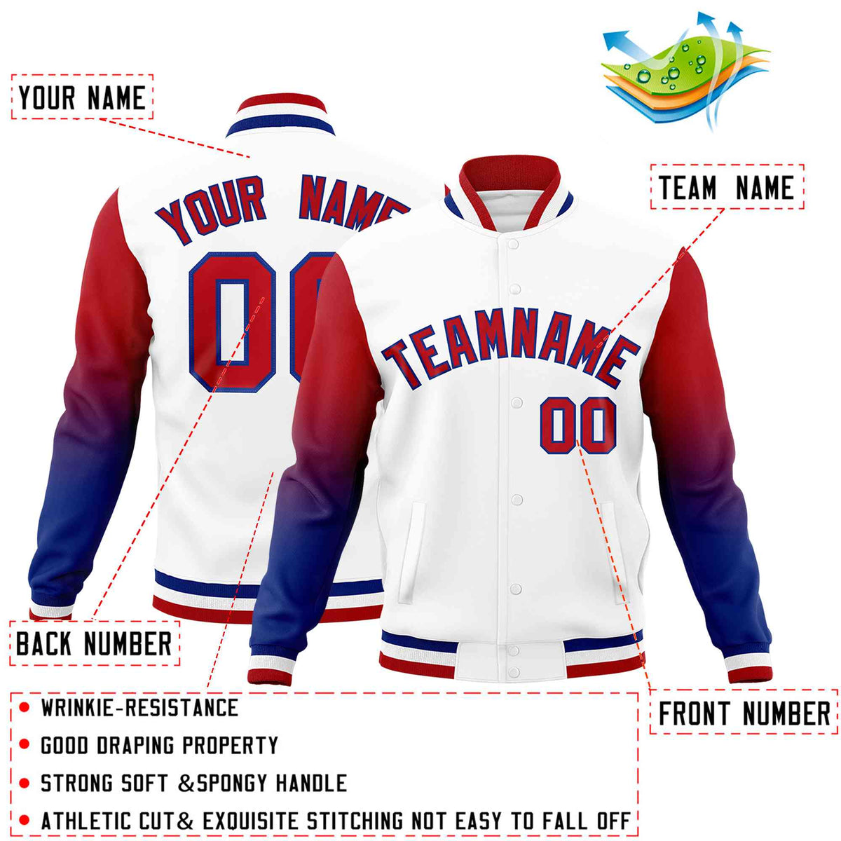 Custom White Red Royal Full-Snap Varsity Raglan Sleeves Gradient Letterman Jacket