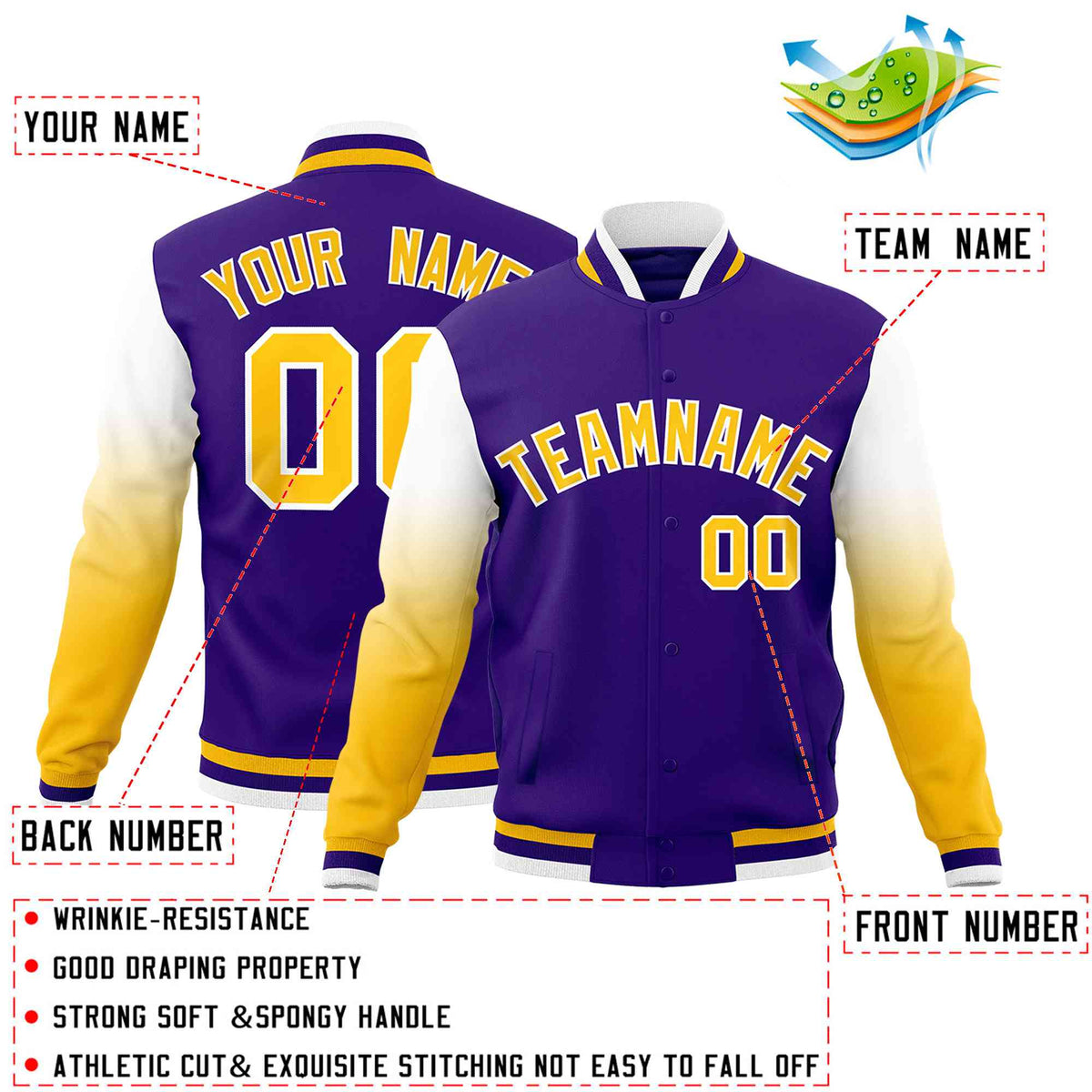 Custom Purple Gold White Full-Snap Varsity Raglan Sleeves Gradient Letterman Jacket
