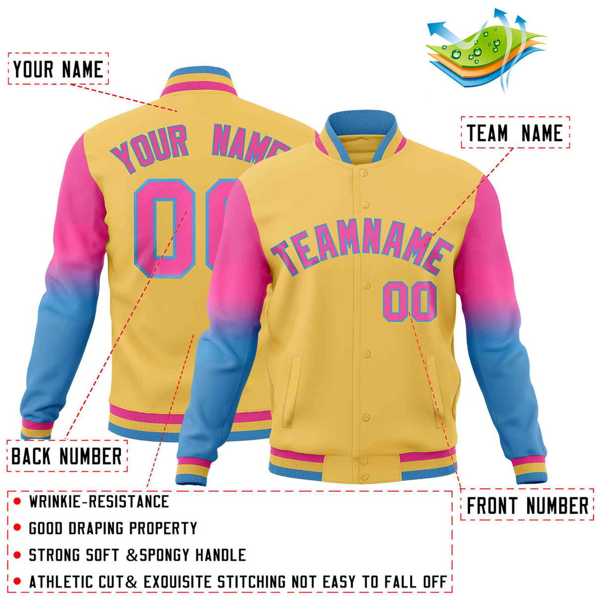 Custom Khaki Pink Light blue Full-Snap Varsity Raglan Sleeves Gradient Letterman Jacket