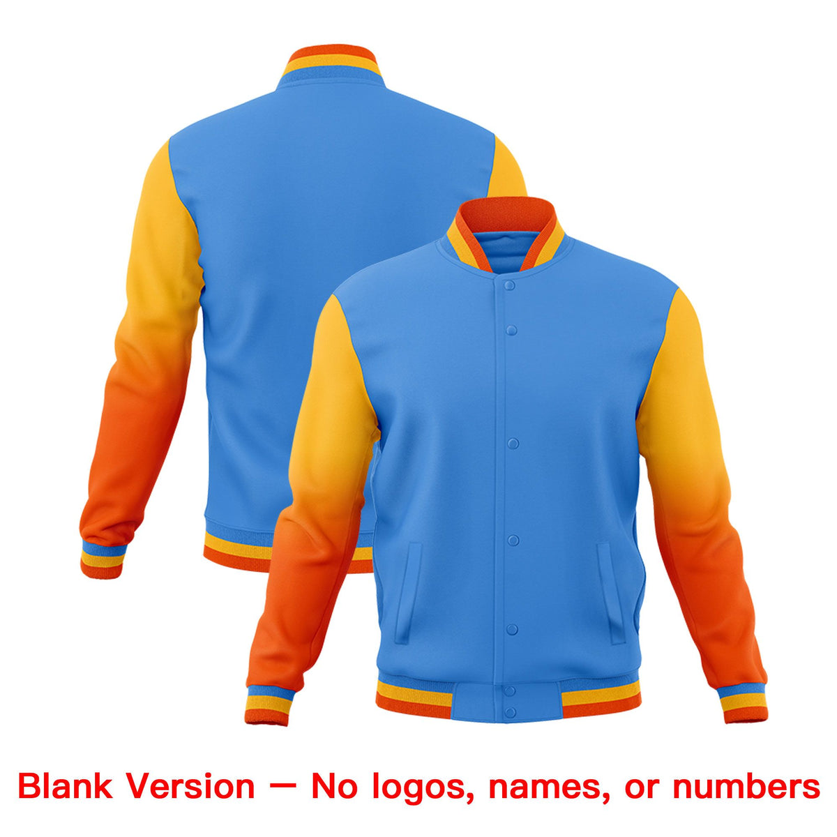 Custom Powder Blue Orange White Full-Snap Varsity Raglan Sleeves Gradient Letterman Jacket