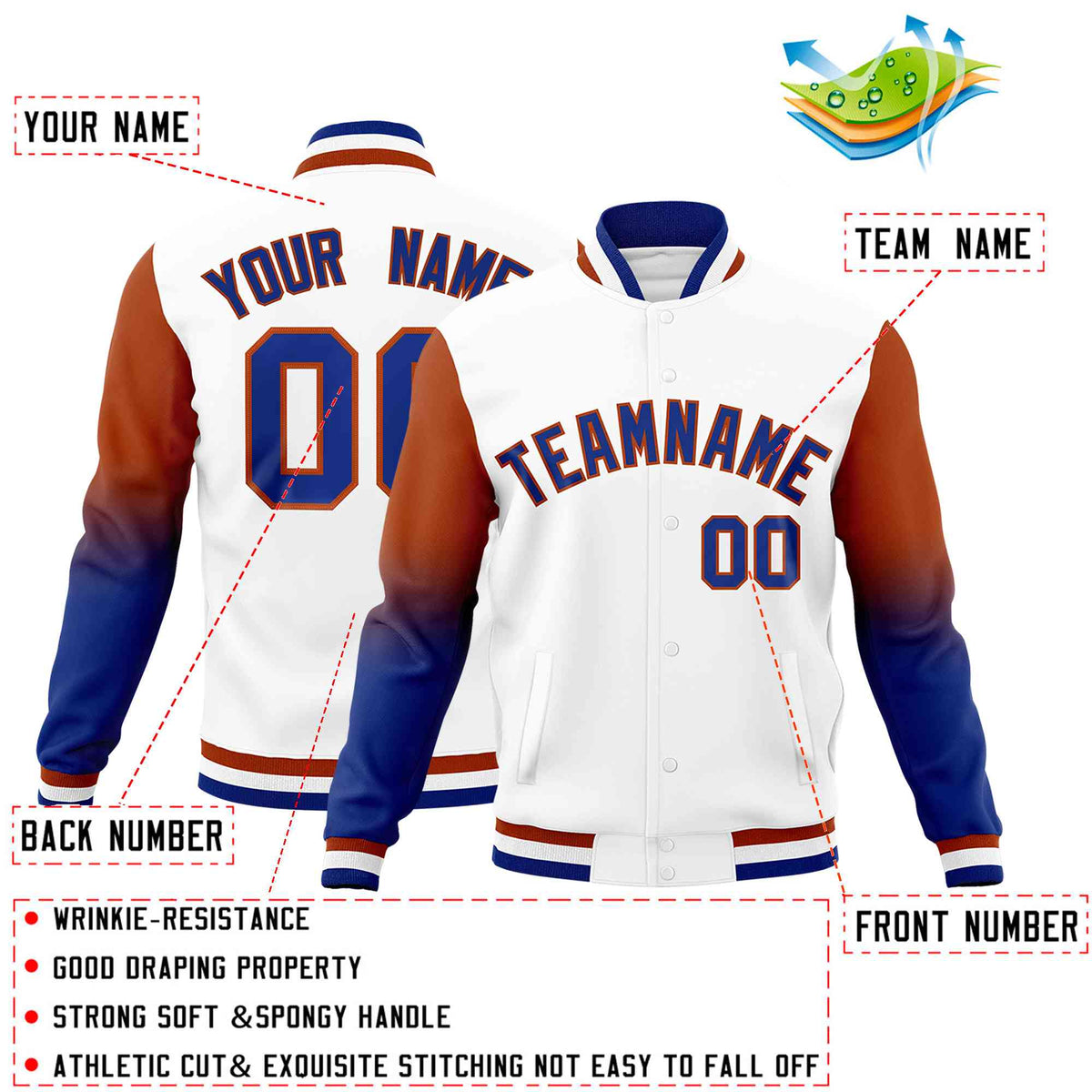 Custom White Royal Blue Dark Orange Full-Snap Varsity Raglan Sleeves Gradient Letterman Jacket