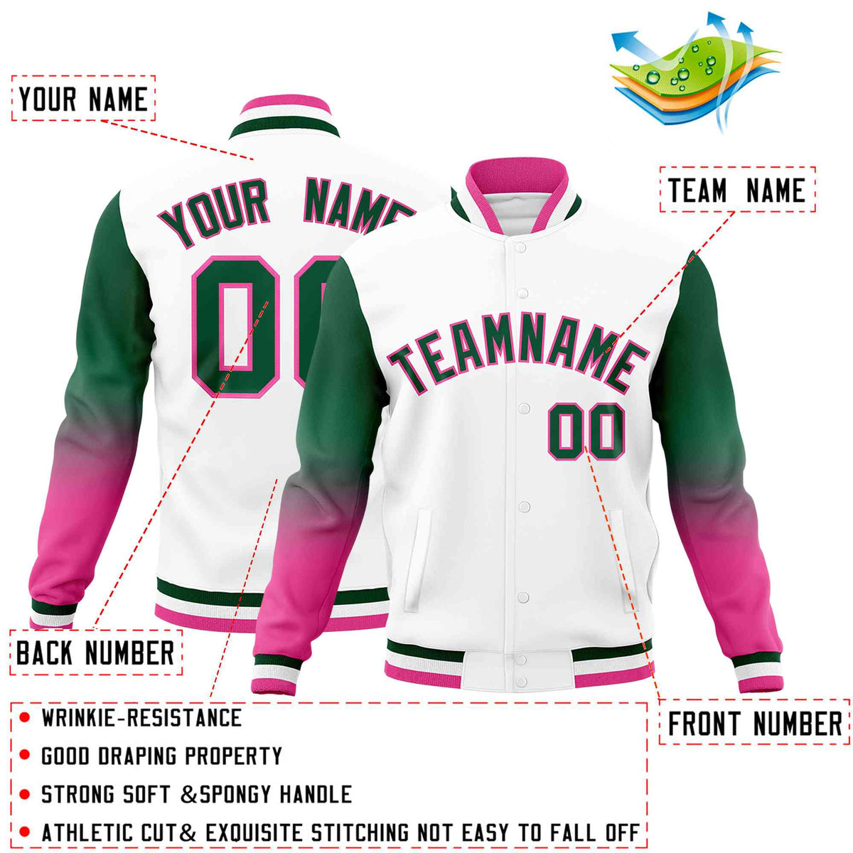 Custom White Green Pink Full-Snap Varsity Raglan Sleeves Gradient Letterman Jacket