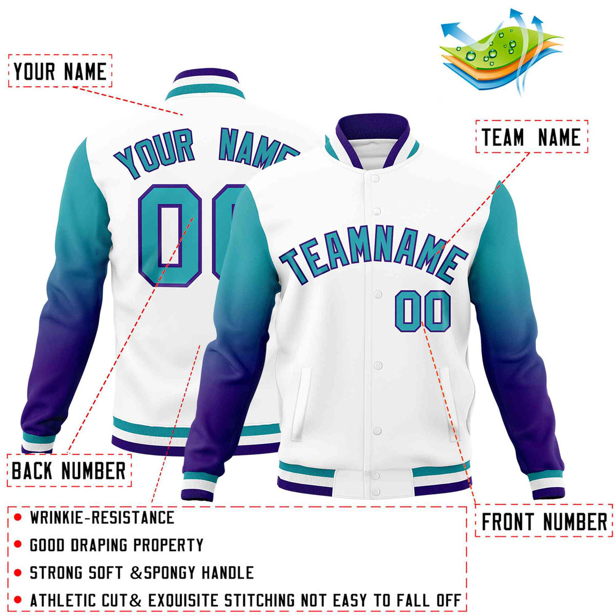 Custom White Aqua Purple Full-Snap Varsity Raglan Sleeves Gradient Letterman Jacket