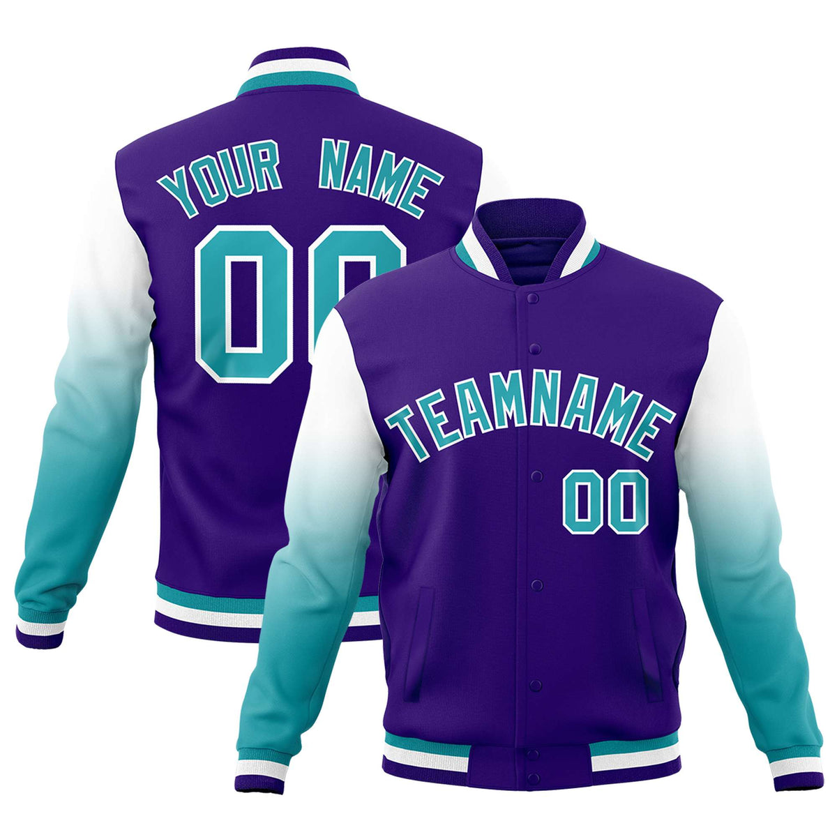 Custom Purple Aqua White Full-Snap Varsity Raglan Sleeves Gradient Letterman Jacket