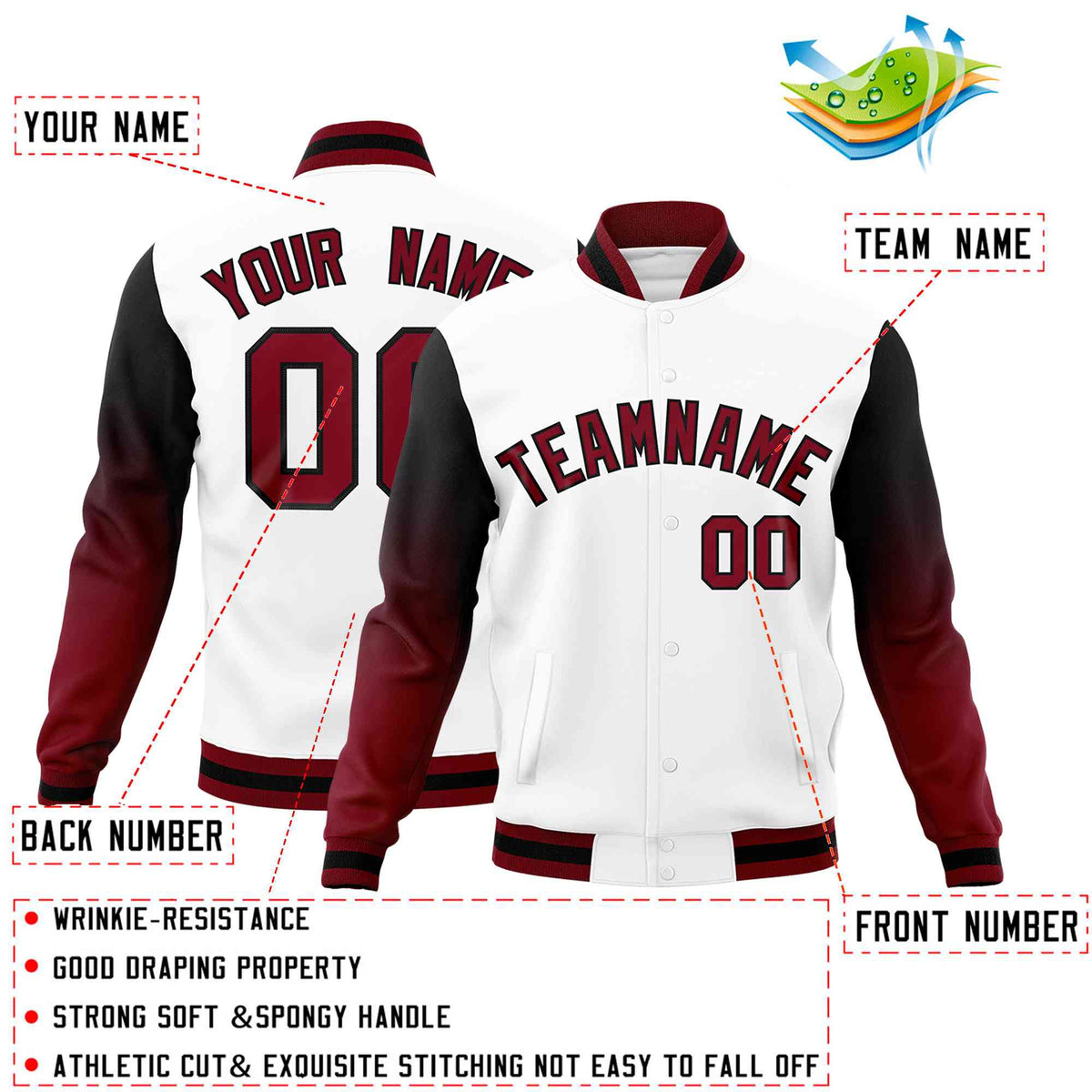 Custom White Crimson Black Full-Snap Varsity Raglan Sleeves Gradient Letterman Jacket