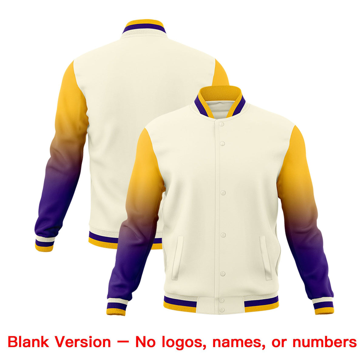 Custom Cream Gold Purple Full-Snap Varsity Raglan Sleeves Gradient Letterman Jacket