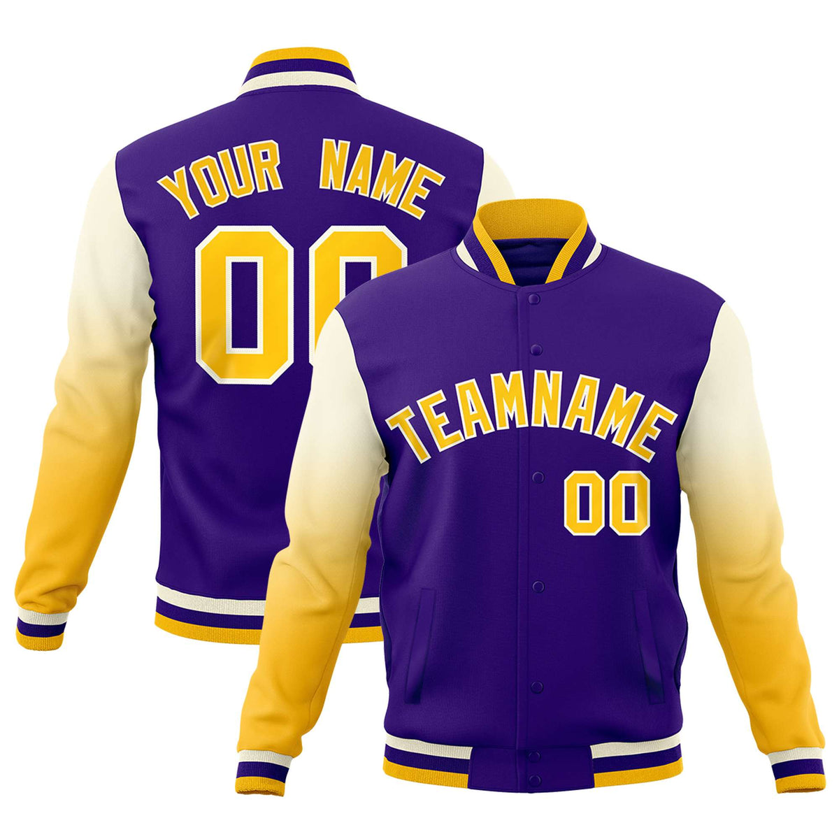 Custom Purple Gold White Full-Snap Varsity Raglan Sleeves Gradient Letterman Jacket